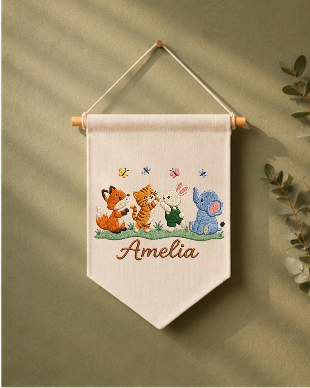 Personalized Stork Baby Wall Hanging, Custom Name Embroidered Banner, Welcome Baby Nursery Decor, Newborn Birth Announcement Gift