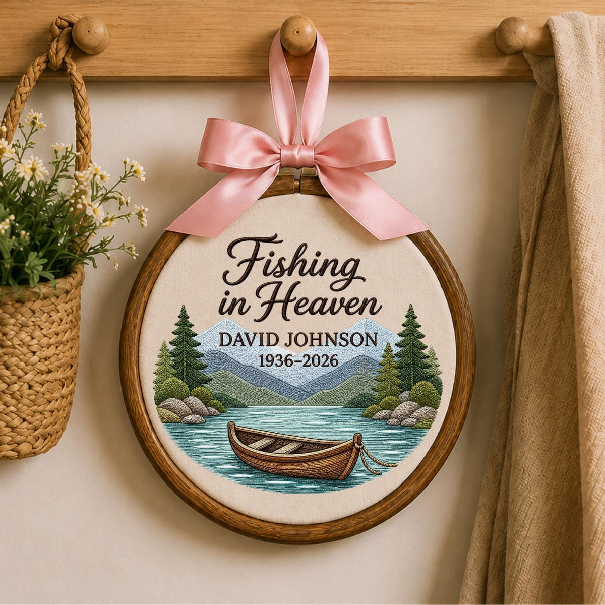 Personalized Embroidered Ornament, Fishing Memorial Ornament, Fishing in Heaven Gift, Custom Name Remembrance Keepsake, Sympathy Gift