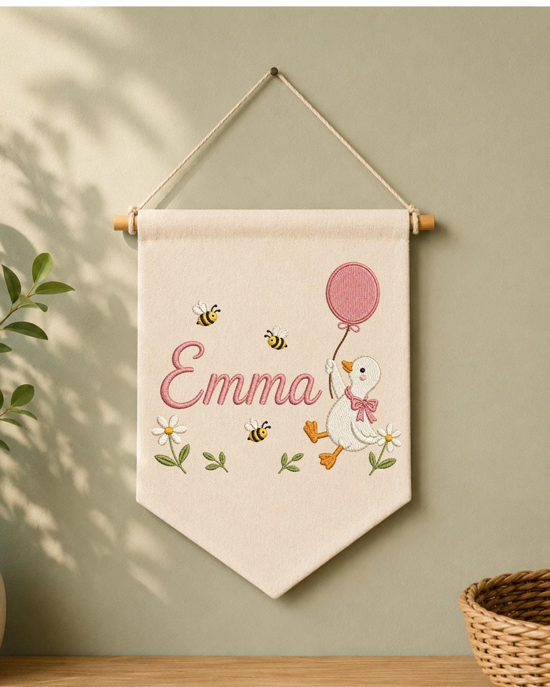 Personalized Goose Nursery Wall Hanging, Custom Name Embroidered Banner, Balloon Duck Baby Girl Room Decor, Bee Floral Nursery Gift