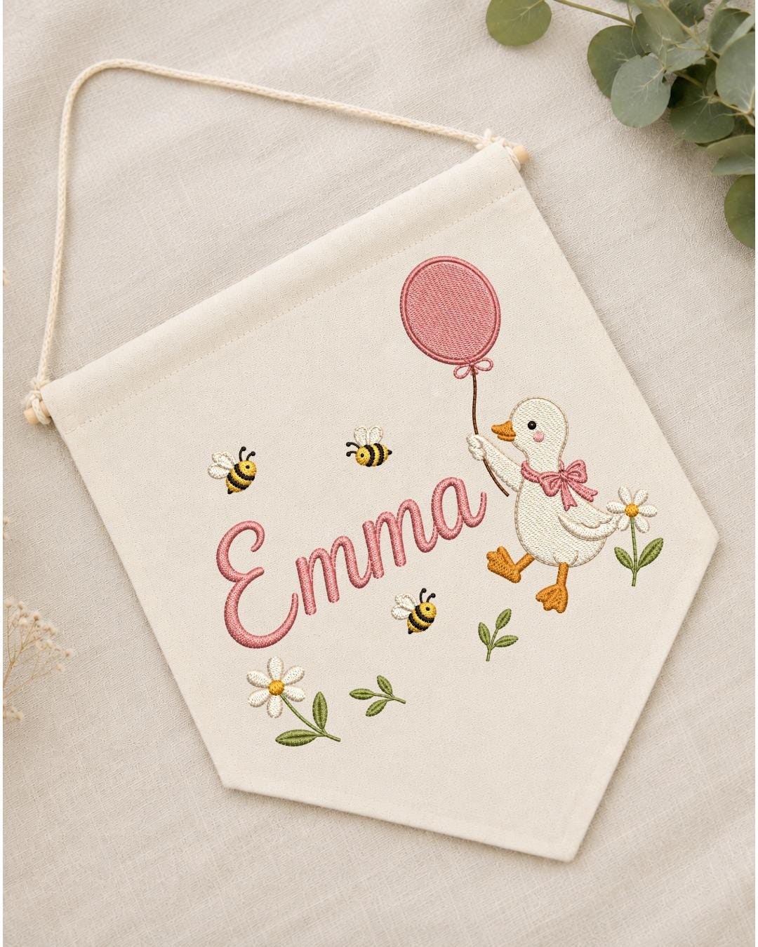Personalized Goose Nursery Wall Hanging, Custom Name Embroidered Banner, Balloon Duck Baby Girl Room Decor, Bee Floral Nursery Gift