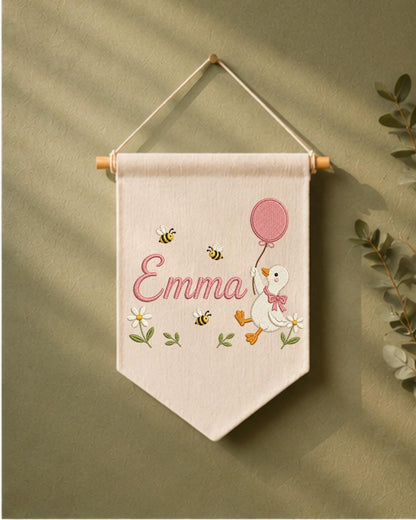 Personalized Goose Nursery Wall Hanging, Custom Name Embroidered Banner, Balloon Duck Baby Girl Room Decor, Bee Floral Nursery Gift