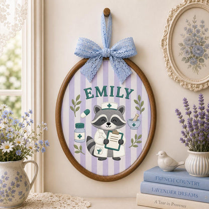 Custom Name Raccoon Nurse Embroidered Round Hoop Art, Cute Pharmacy Tech Doctor Blue Gingham Plaid Wall Hanging Decor, Gift for Her