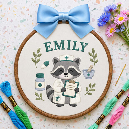 Custom Name Raccoon Nurse Embroidered Round Hoop Art, Cute Pharmacy Tech Doctor Blue Gingham Plaid Wall Hanging Decor, Gift for Her
