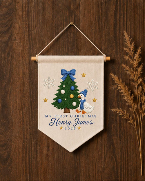Personalized First Christmas Goose Wall Hanging, Custom Name Embroidered Banner, Baby Boy Christmas Nursery Decor, Holiday Keepsake Gift