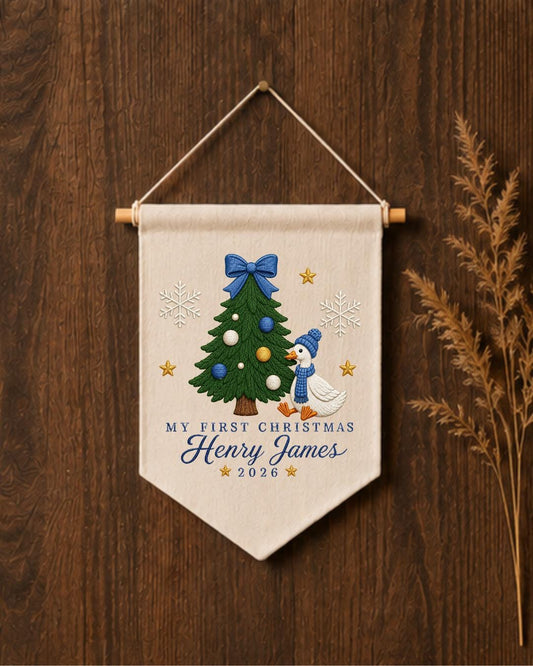 Personalized First Christmas Goose Wall Hanging, Custom Name Embroidered Banner, Baby Boy Christmas Nursery Decor, Holiday Keepsake Gift