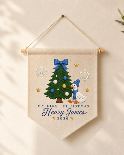 Personalized First Christmas Goose Wall Hanging, Custom Name Embroidered Banner, Baby Boy Christmas Nursery Decor, Holiday Keepsake Gift