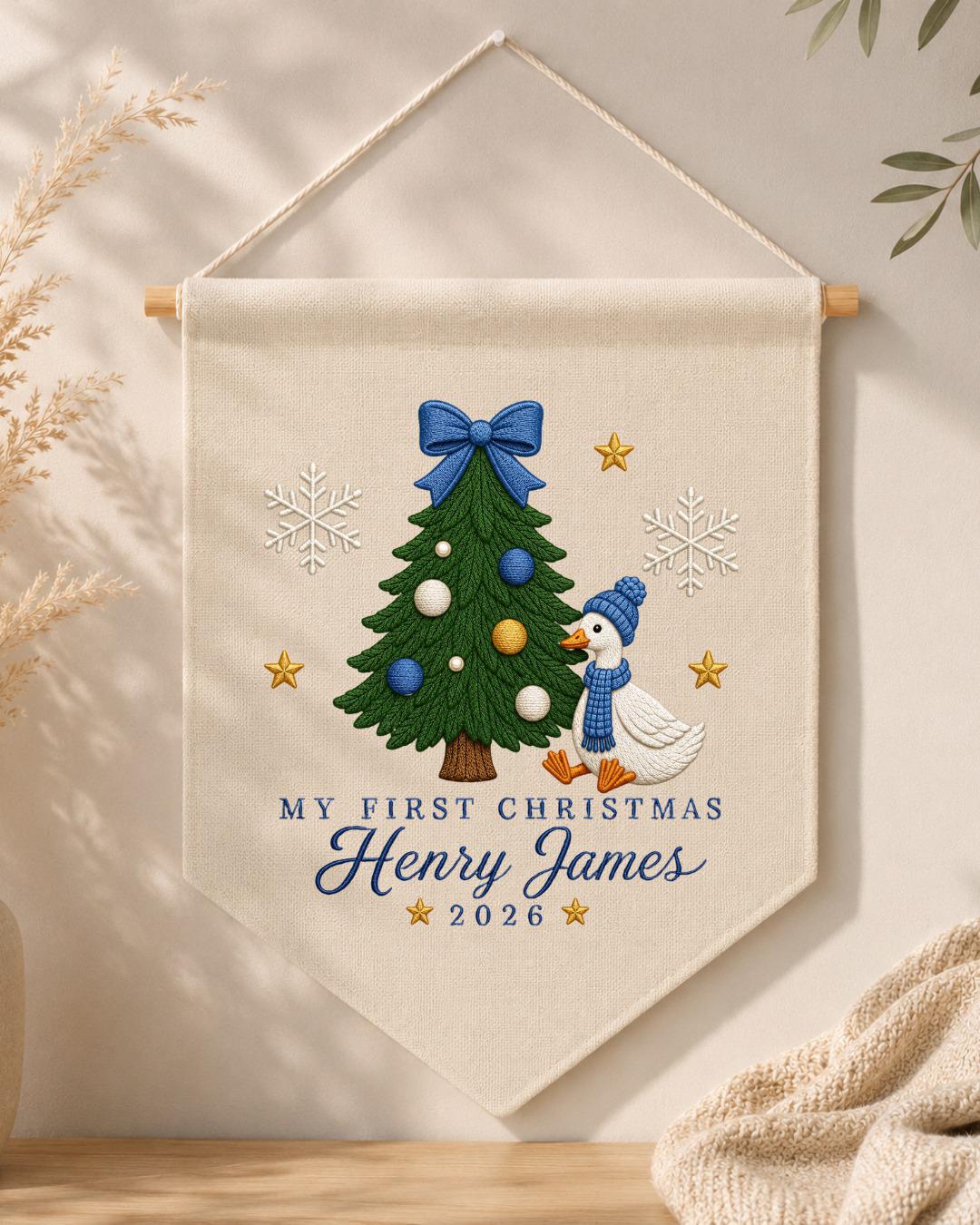 Personalized First Christmas Goose Wall Hanging, Custom Name Embroidered Banner, Baby Boy Christmas Nursery Decor, Holiday Keepsake Gift