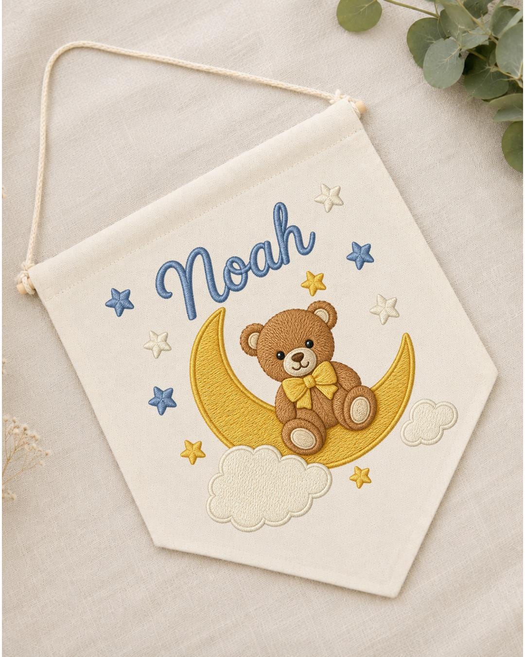 Personalized Bear Moon Nursery Wall Hanging, Custom Name Embroidered Banner, Teddy Bear Baby Boy Room Decor, Celestial Nursery Gift