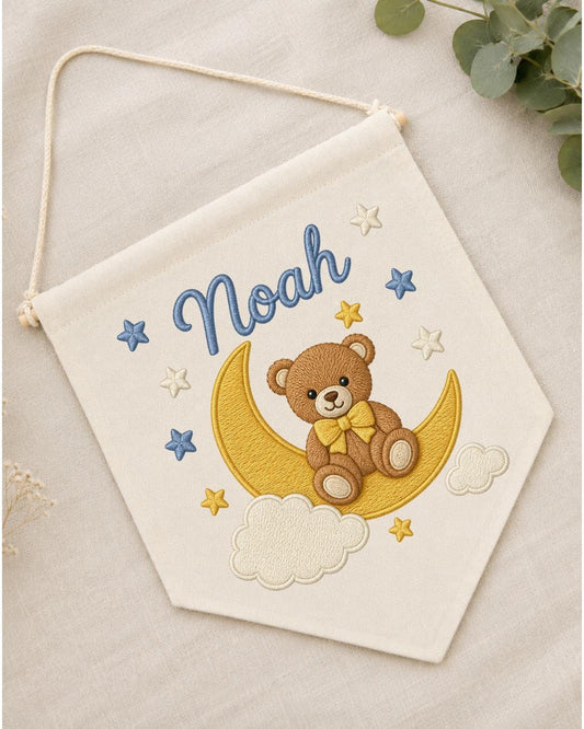 Personalized Bear Moon Nursery Wall Hanging, Custom Name Embroidered Banner, Teddy Bear Baby Boy Room Decor, Celestial Nursery Gift