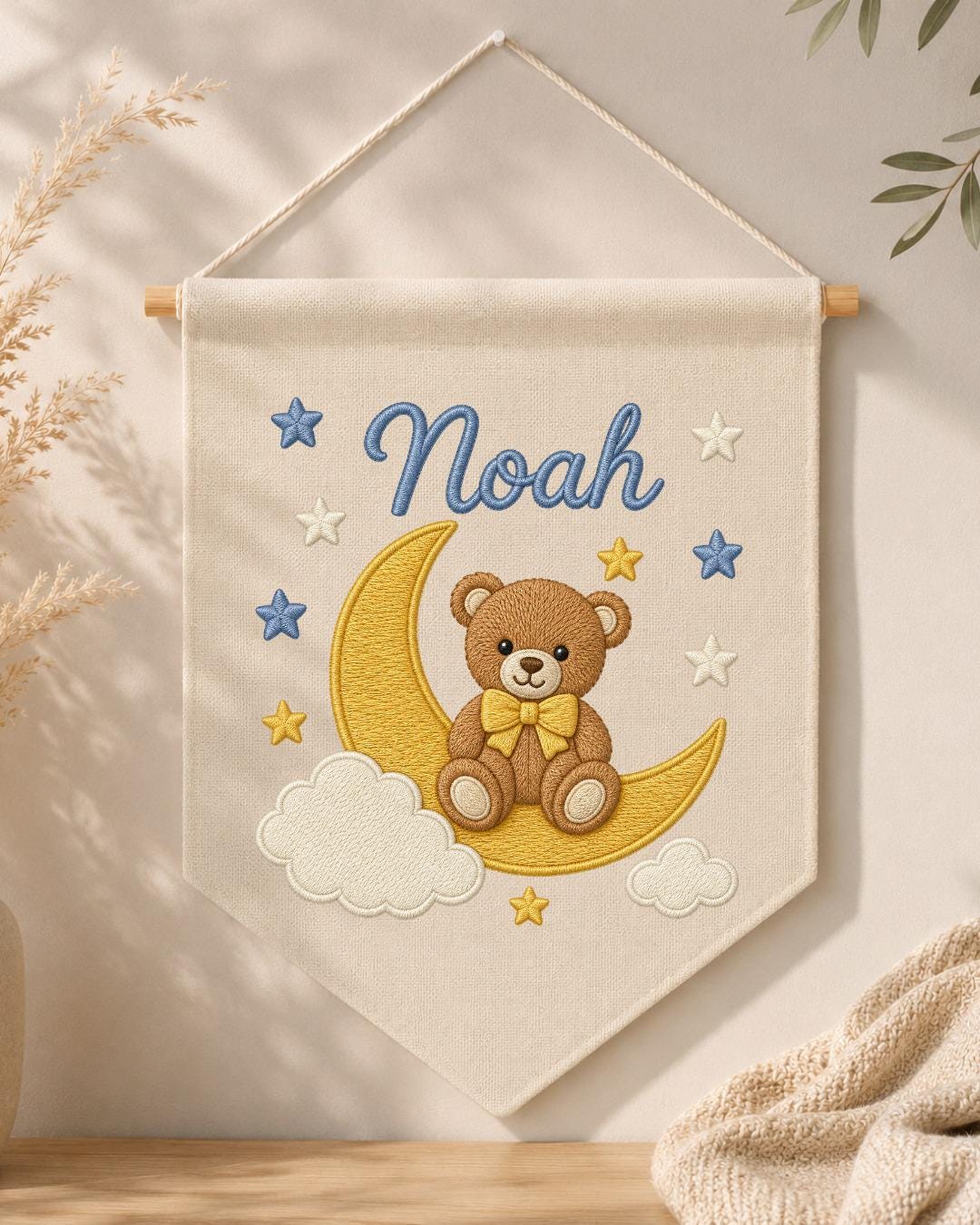 Personalized Bear Moon Nursery Wall Hanging, Custom Name Embroidered Banner, Teddy Bear Baby Boy Room Decor, Celestial Nursery Gift