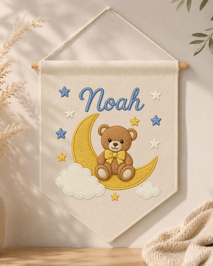 Personalized Bear Moon Nursery Wall Hanging, Custom Name Embroidered Banner, Teddy Bear Baby Boy Room Decor, Celestial Nursery Gift