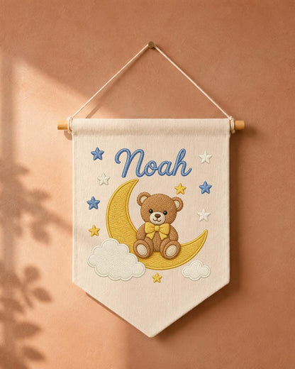 Personalized Bear Moon Nursery Wall Hanging, Custom Name Embroidered Banner, Teddy Bear Baby Boy Room Decor, Celestial Nursery Gift