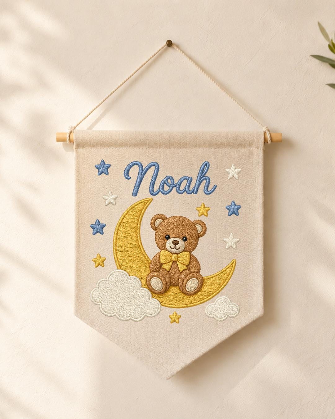 Personalized Bear Moon Nursery Wall Hanging, Custom Name Embroidered Banner, Teddy Bear Baby Boy Room Decor, Celestial Nursery Gift