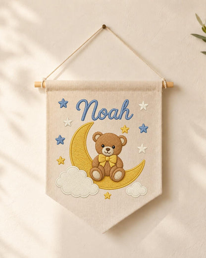 Personalized Bear Moon Nursery Wall Hanging, Custom Name Embroidered Banner, Teddy Bear Baby Boy Room Decor, Celestial Nursery Gift