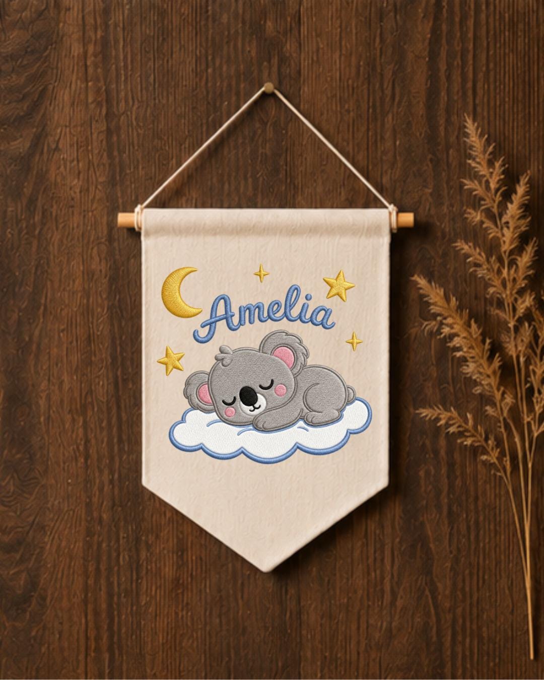 Personalized Koala Nursery Wall Hanging, Custom Name Embroidered Banner, Sleeping Koala Moon and Stars Baby Girl Room Decor, Nursery Gift