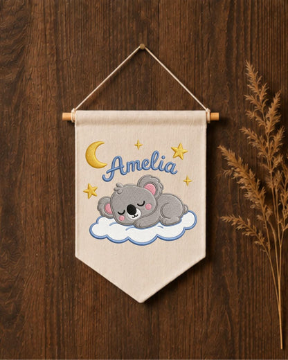 Personalized Koala Nursery Wall Hanging, Custom Name Embroidered Banner, Sleeping Koala Moon and Stars Baby Girl Room Decor, Nursery Gift