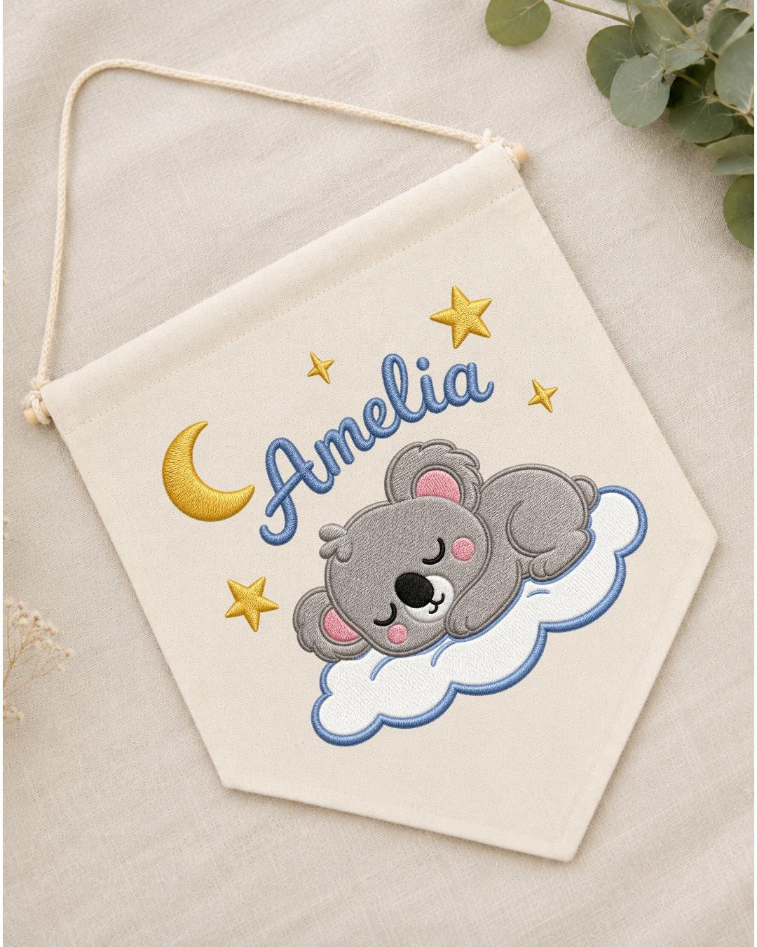 Personalized Koala Nursery Wall Hanging, Custom Name Embroidered Banner, Sleeping Koala Moon and Stars Baby Girl Room Decor, Nursery Gift