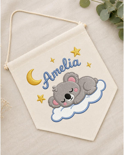 Personalized Koala Nursery Wall Hanging, Custom Name Embroidered Banner, Sleeping Koala Moon and Stars Baby Girl Room Decor, Nursery Gift