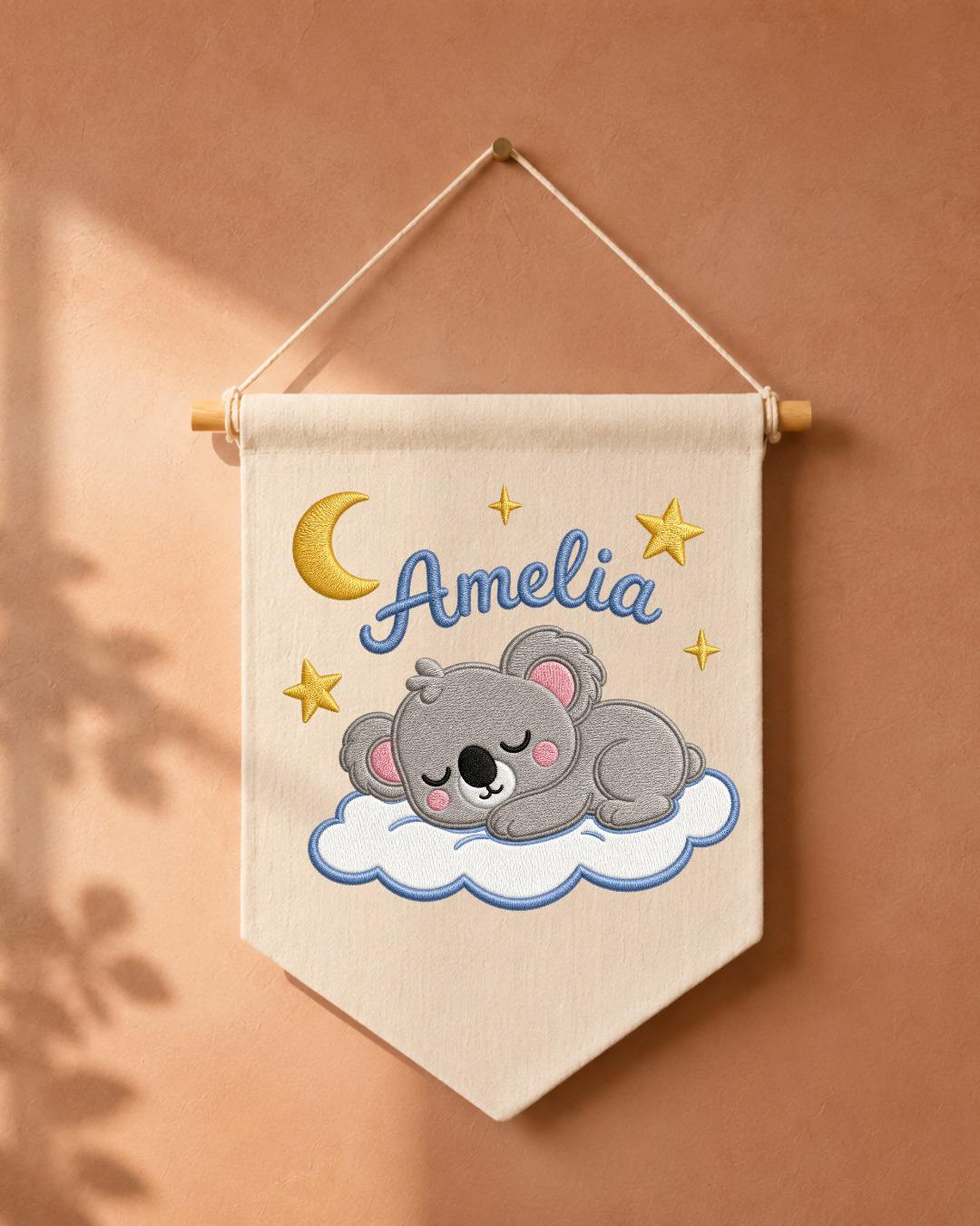 Personalized Koala Nursery Wall Hanging, Custom Name Embroidered Banner, Sleeping Koala Moon and Stars Baby Girl Room Decor, Nursery Gift