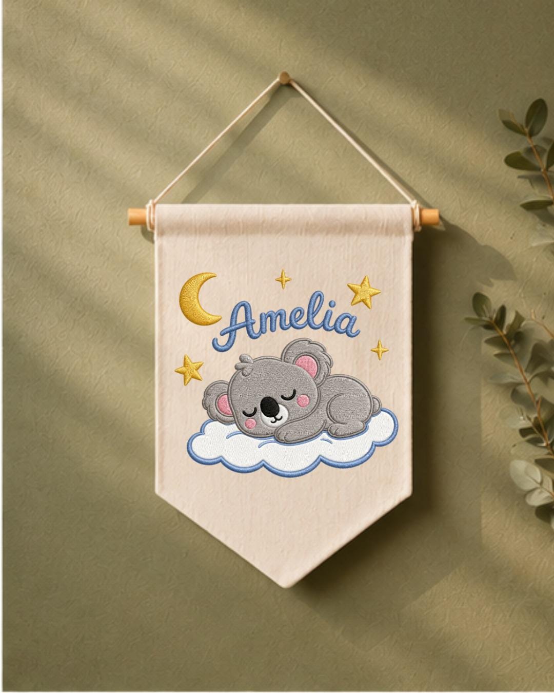Personalized Koala Nursery Wall Hanging, Custom Name Embroidered Banner, Sleeping Koala Moon and Stars Baby Girl Room Decor, Nursery Gift