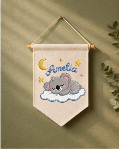 Personalized Koala Nursery Wall Hanging, Custom Name Embroidered Banner, Sleeping Koala Moon and Stars Baby Girl Room Decor, Nursery Gift