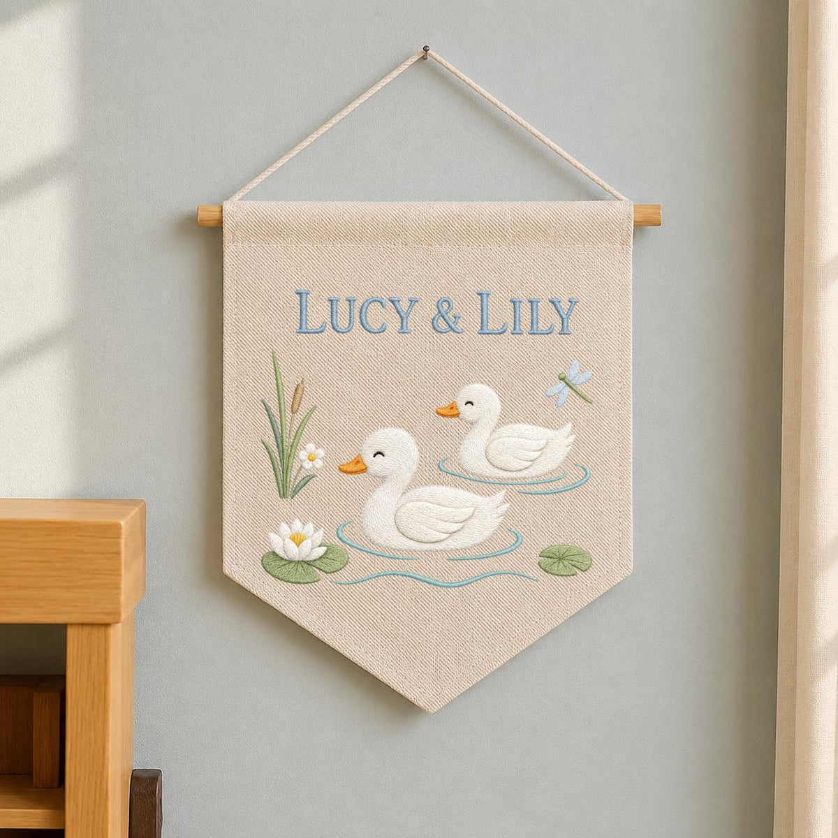 Personalized Duckling Canvas Pennant Banner, Custom Name Embroidered Twin Ducks Pond Water Lily Nursery Wall Hanging Sign, Baby Shower Gift