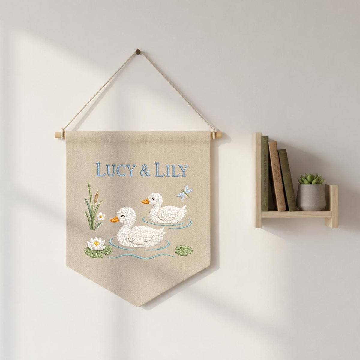 Personalized Duckling Canvas Pennant Banner, Custom Name Embroidered Twin Ducks Pond Water Lily Nursery Wall Hanging Sign, Baby Shower Gift