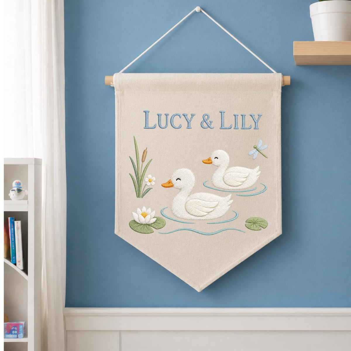 Personalized Duckling Canvas Pennant Banner, Custom Name Embroidered Twin Ducks Pond Water Lily Nursery Wall Hanging Sign, Baby Shower Gift