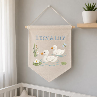 Personalized Duckling Canvas Pennant Banner, Custom Name Embroidered Twin Ducks Pond Water Lily Nursery Wall Hanging Sign, Baby Shower Gift