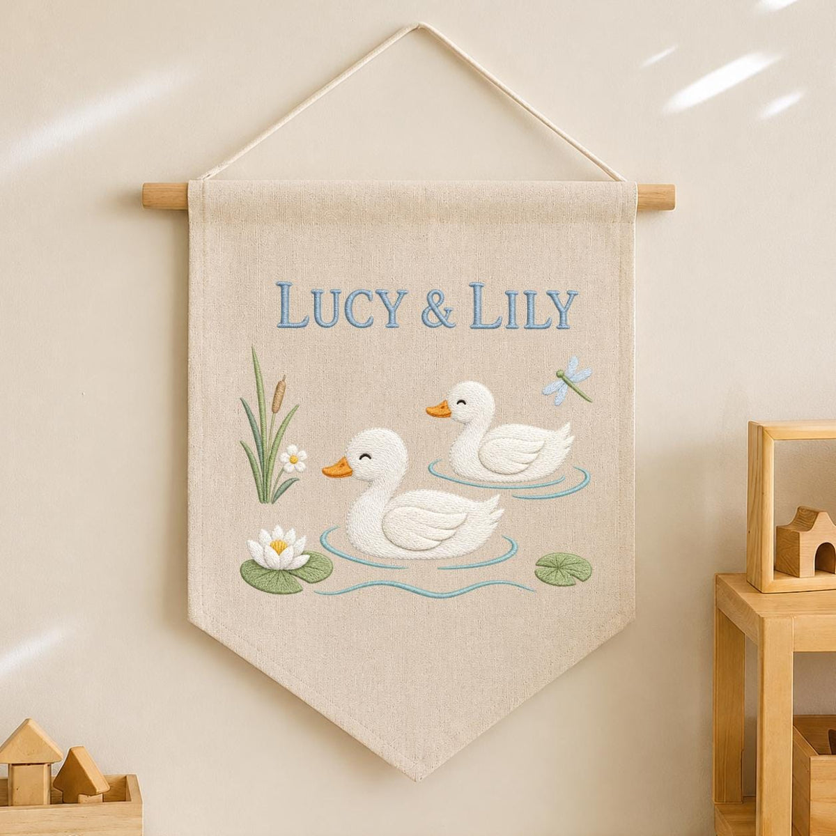Personalized Duckling Canvas Pennant Banner, Custom Name Embroidered Twin Ducks Pond Water Lily Nursery Wall Hanging Sign, Baby Shower Gift