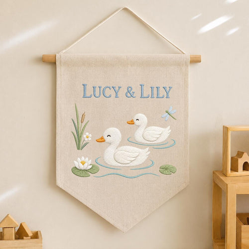 Personalized Duckling Canvas Pennant Banner, Custom Name Embroidered Twin Ducks Pond Water Lily Nursery Wall Hanging Sign, Baby Shower Gift