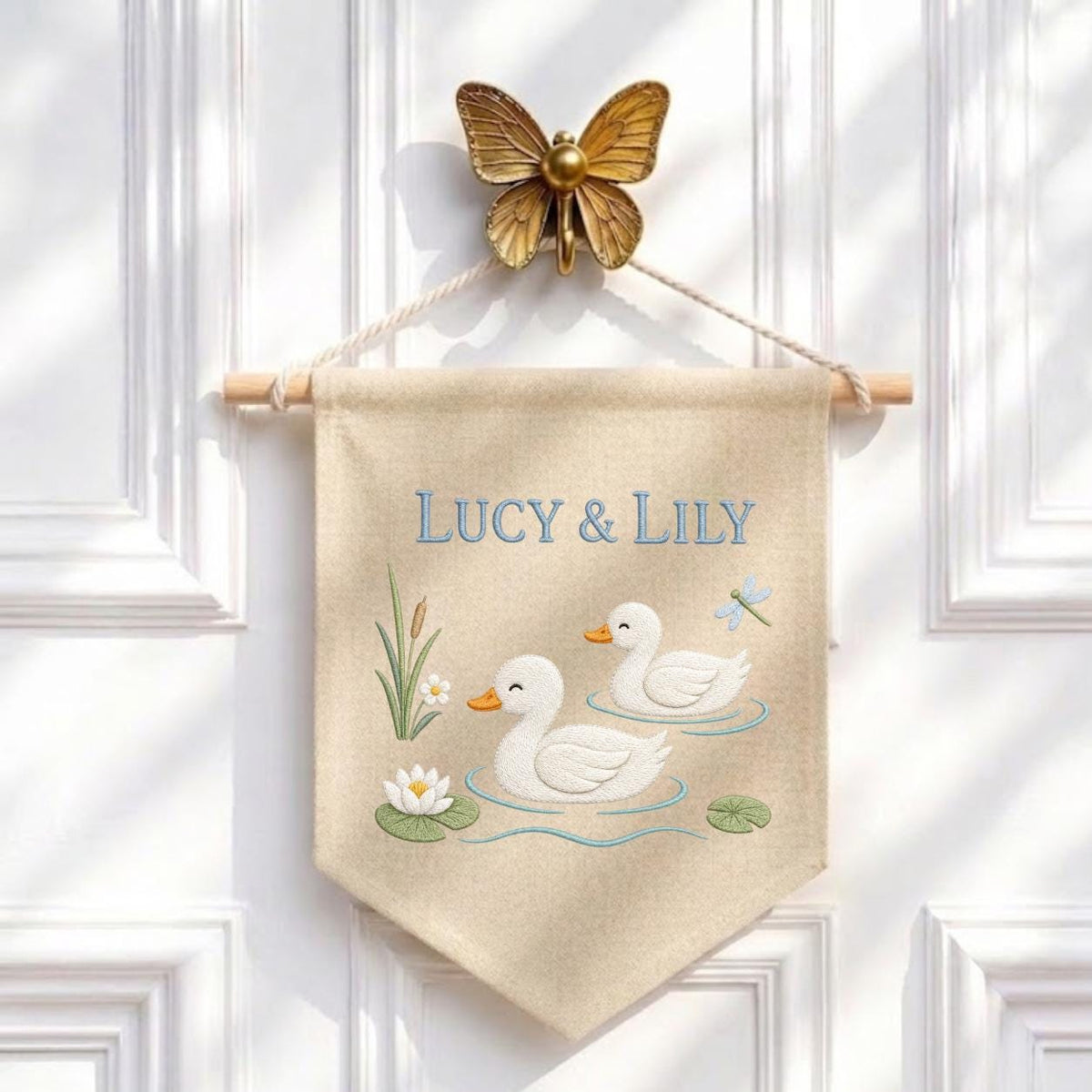 Personalized Duckling Canvas Pennant Banner, Custom Name Embroidered Twin Ducks Pond Water Lily Nursery Wall Hanging Sign, Baby Shower Gift