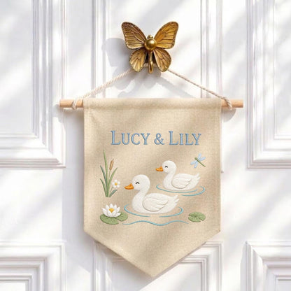 Personalized Duckling Canvas Pennant Banner, Custom Name Embroidered Twin Ducks Pond Water Lily Nursery Wall Hanging Sign, Baby Shower Gift