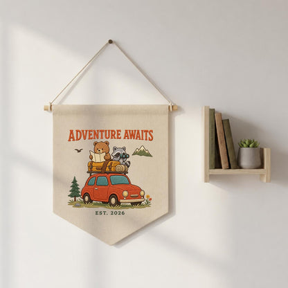 Personalized Woodland Adventure Canvas Pennant Banner Decor, Custom Embroidered Bear Raccoon Road Trip Mountain Wall Sign, Baby Shower Gift