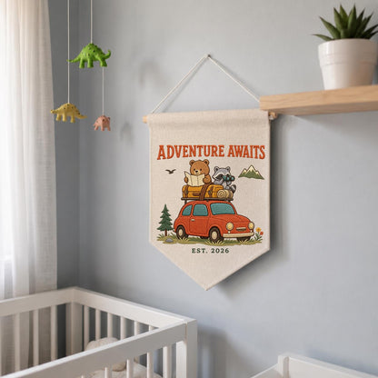 Personalized Woodland Adventure Canvas Pennant Banner Decor, Custom Embroidered Bear Raccoon Road Trip Mountain Wall Sign, Baby Shower Gift