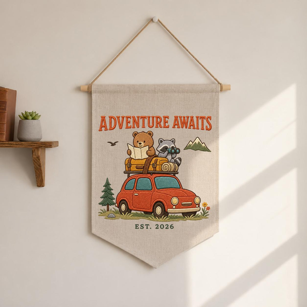 Personalized Woodland Adventure Canvas Pennant Banner Decor, Custom Embroidered Bear Raccoon Road Trip Mountain Wall Sign, Baby Shower Gift