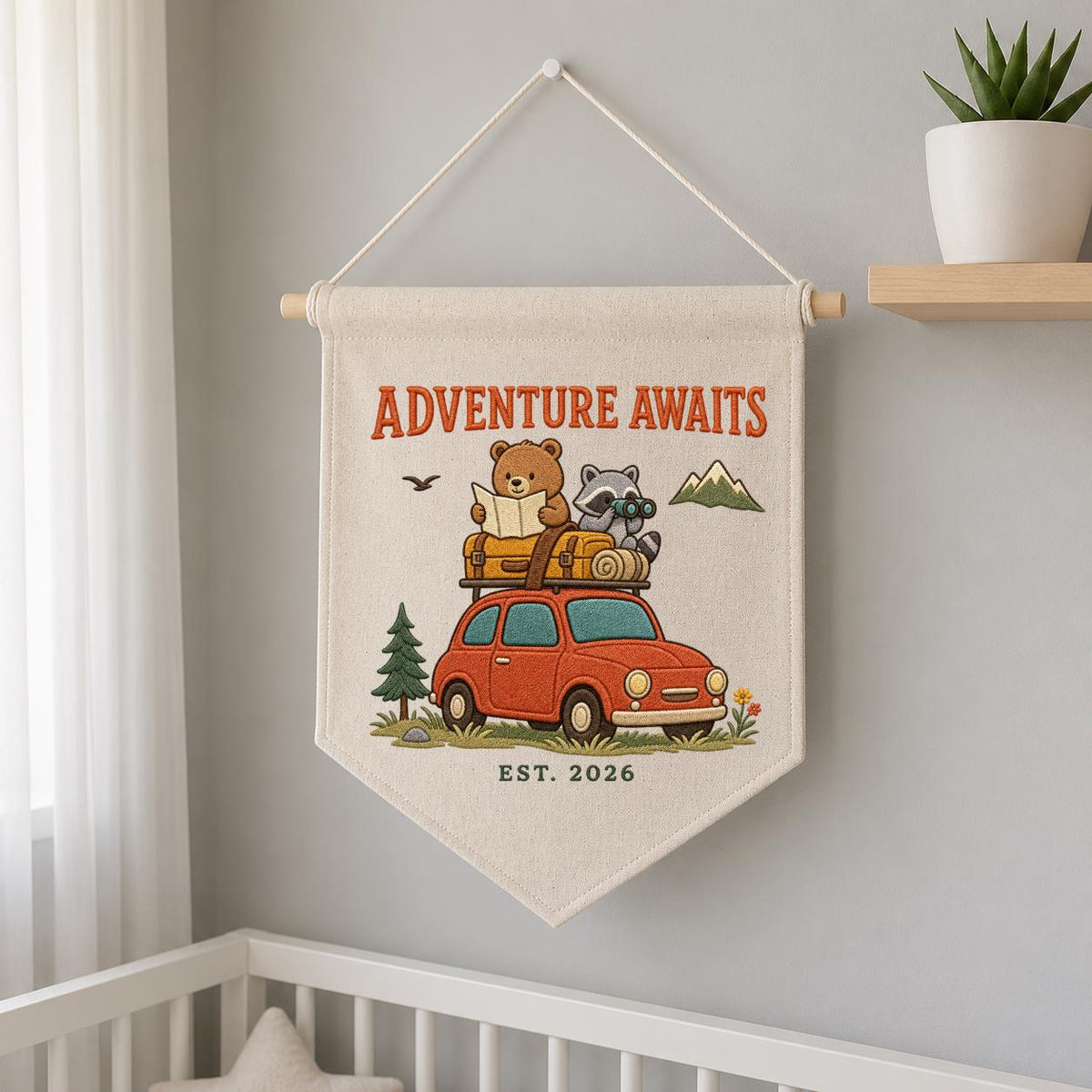 Personalized Woodland Adventure Canvas Pennant Banner Decor, Custom Embroidered Bear Raccoon Road Trip Mountain Wall Sign, Baby Shower Gift