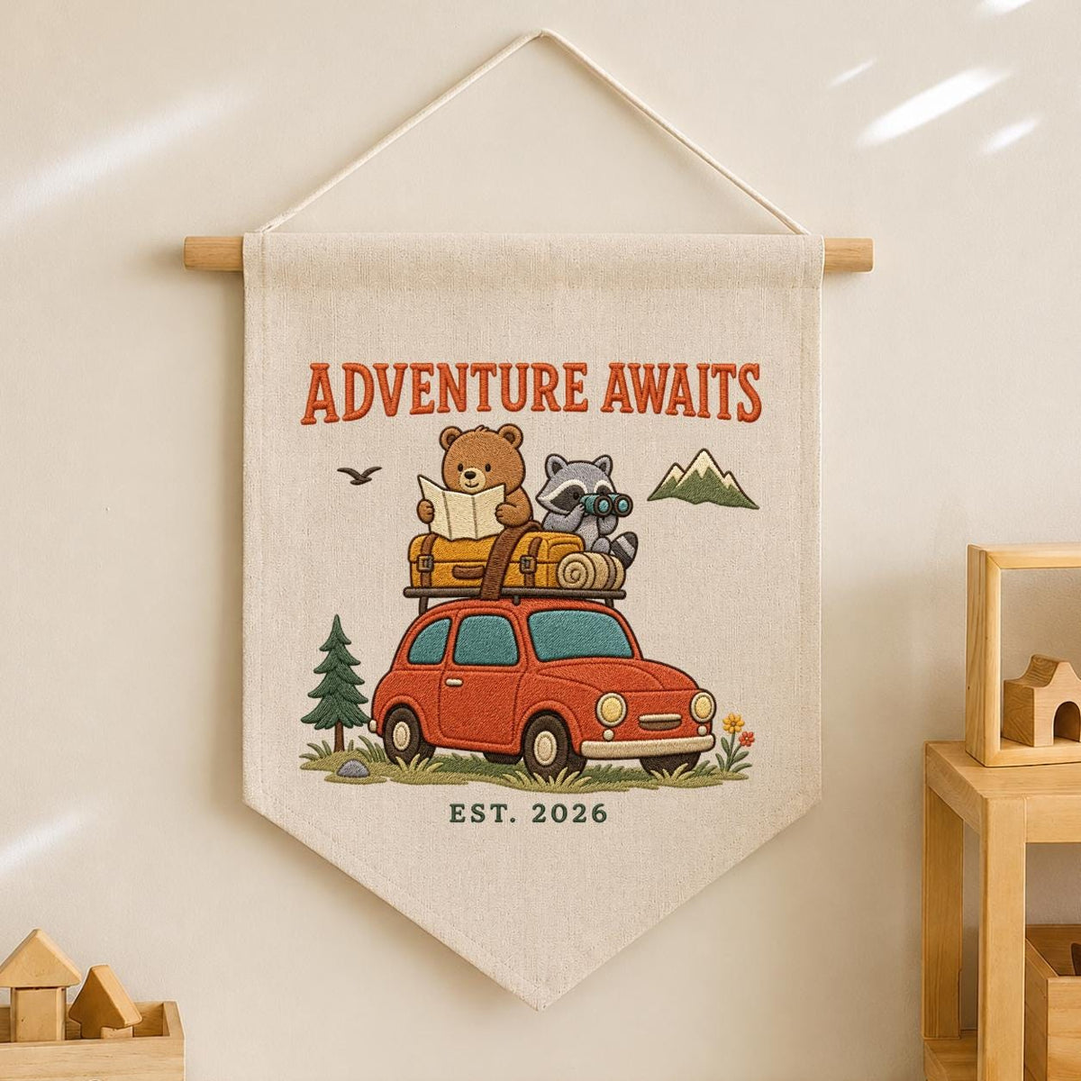 Personalized Woodland Adventure Canvas Pennant Banner Decor, Custom Embroidered Bear Raccoon Road Trip Mountain Wall Sign, Baby Shower Gift