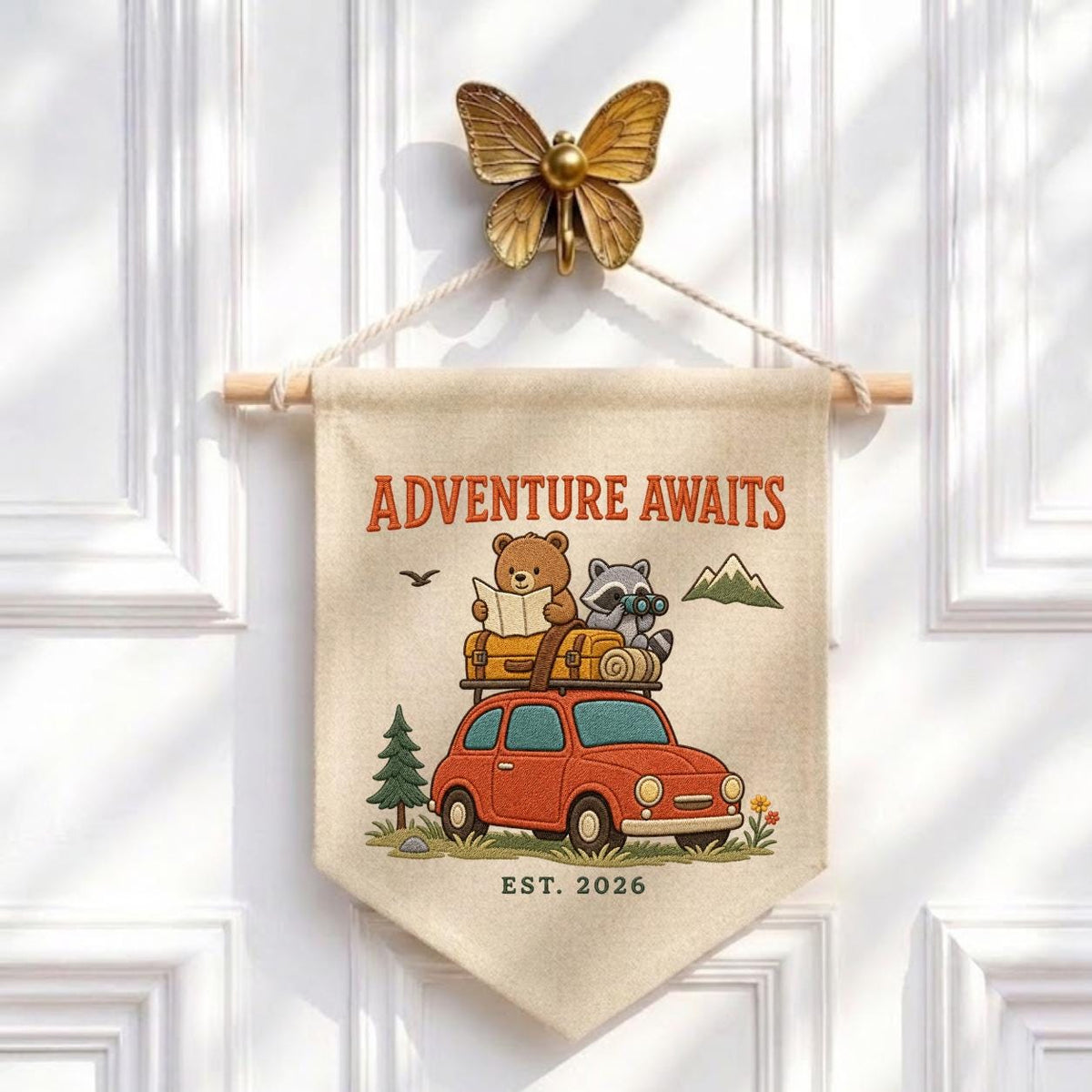 Personalized Woodland Adventure Canvas Pennant Banner Decor, Custom Embroidered Bear Raccoon Road Trip Mountain Wall Sign, Baby Shower Gift