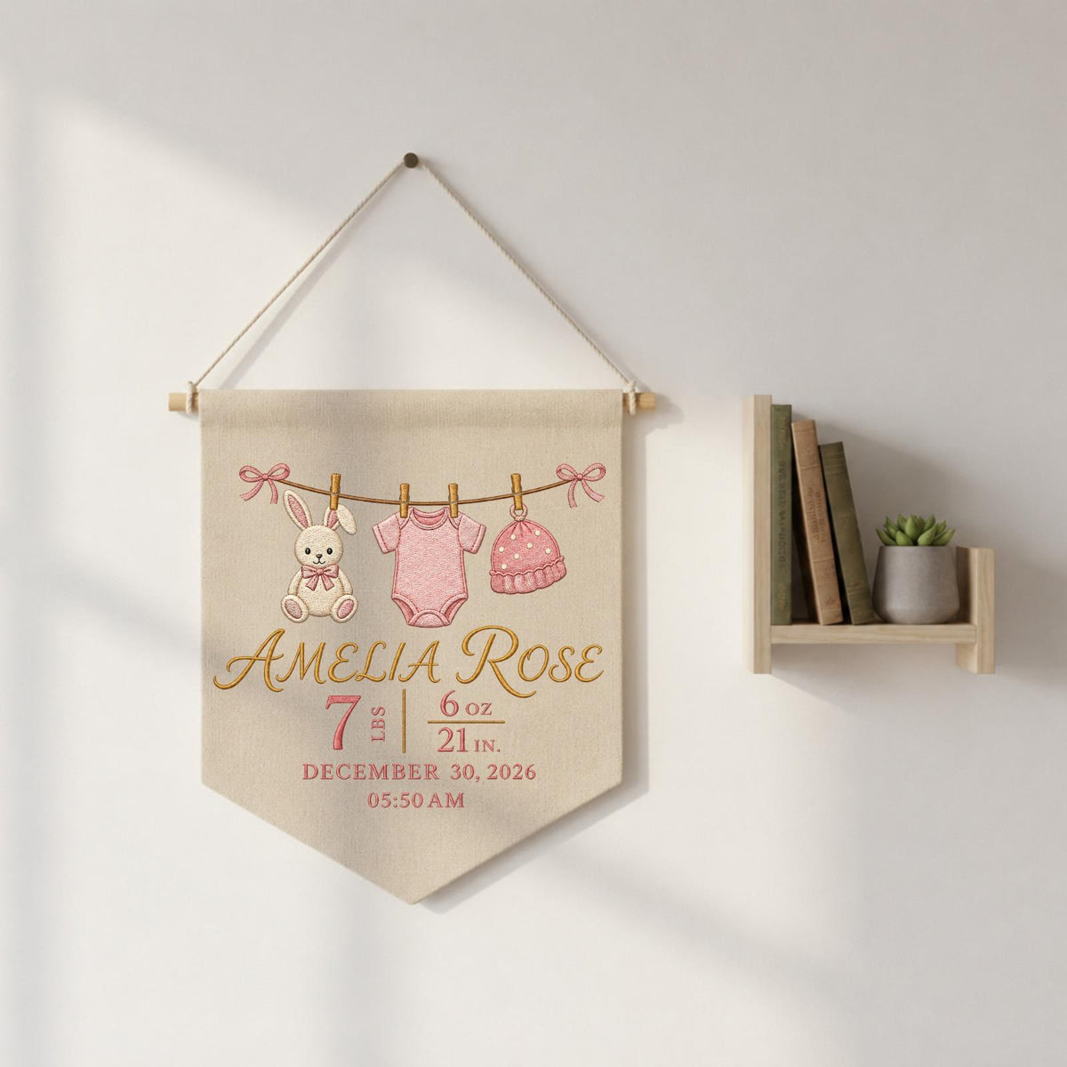 Personalized Embroidered Birth Stats Wall Hanging Banner, Custom Baby Name Sign, Newborn Girl Gift, Baby Birth Announcement Decor