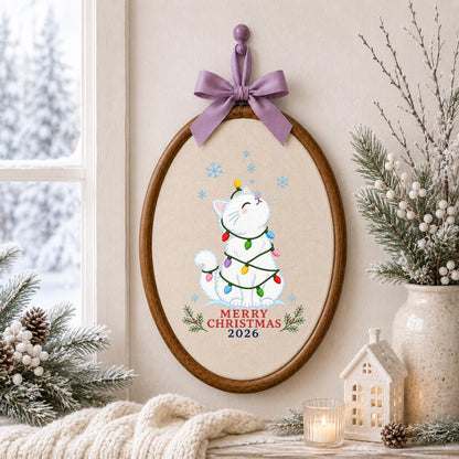 Christmas Cat Embroidery Ornament, Merry Christmas 2026 Wall Hanging, Cute Holiday Hoop Decor, Snowy Kitten Gift, Blue Ribbon