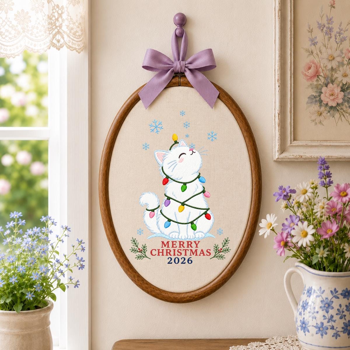 Christmas Cat Embroidery Ornament, Merry Christmas 2026 Wall Hanging, Cute Holiday Hoop Decor, Snowy Kitten Gift, Blue Ribbon