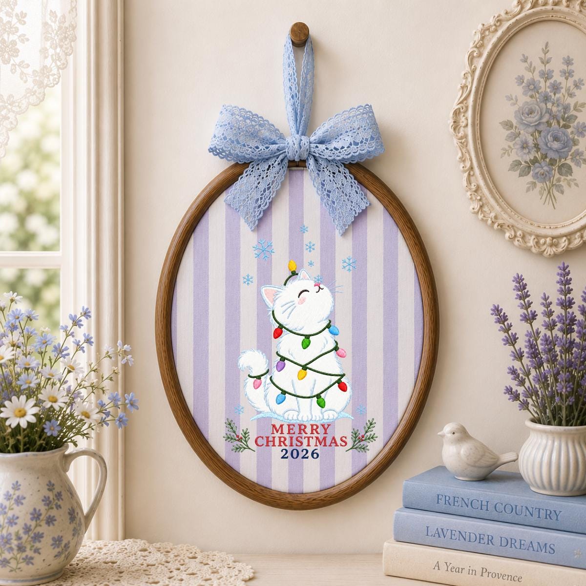 Christmas Cat Embroidery Ornament, Merry Christmas 2026 Wall Hanging, Cute Holiday Hoop Decor, Snowy Kitten Gift, Blue Ribbon