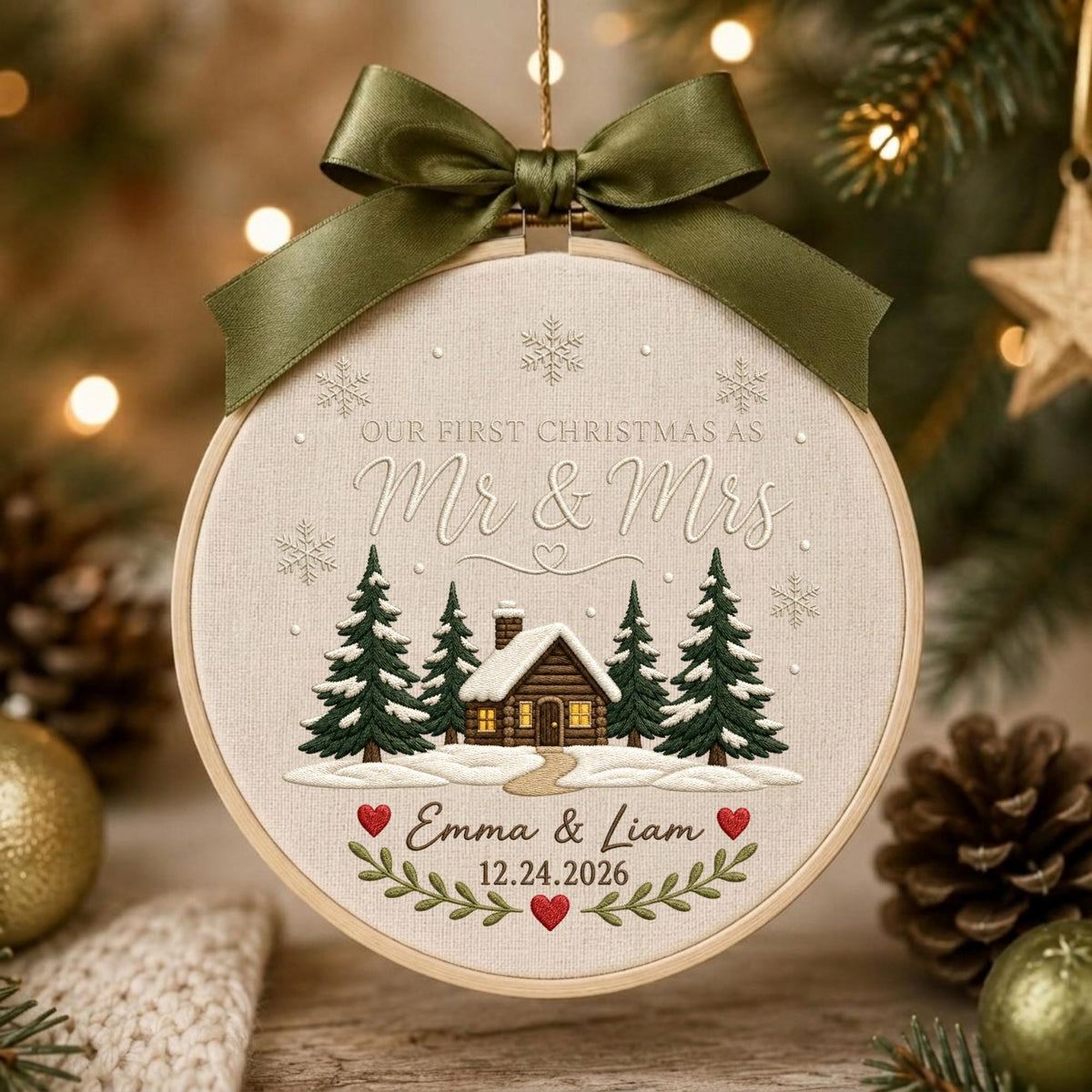 May include: A round embroidery hoop ornament featuring a beige fabric background with a cabin in a snowy forest, green pine trees, and snowflakes. It displays the text "OUR FIRST CHRISTMAS AS Mr &amp; Mrs", "Emma &amp; Liam", and "12.24.2026" with a dark green ribbon bow.