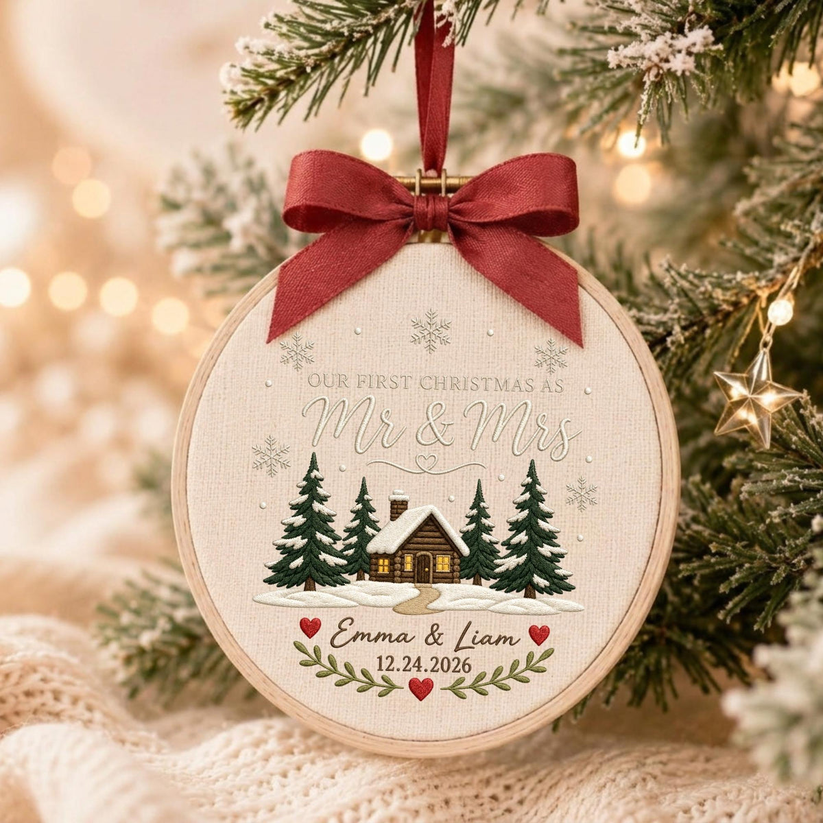 May include: A round wooden embroidery hoop ornament featuring a beige fabric background with a cabin, pine trees, and snowflakes. It displays the text "OUR FIRST CHRISTMAS AS Mr &amp; Mrs", "Emma &amp; Liam", and "12.24.2026" with a red ribbon bow on top.