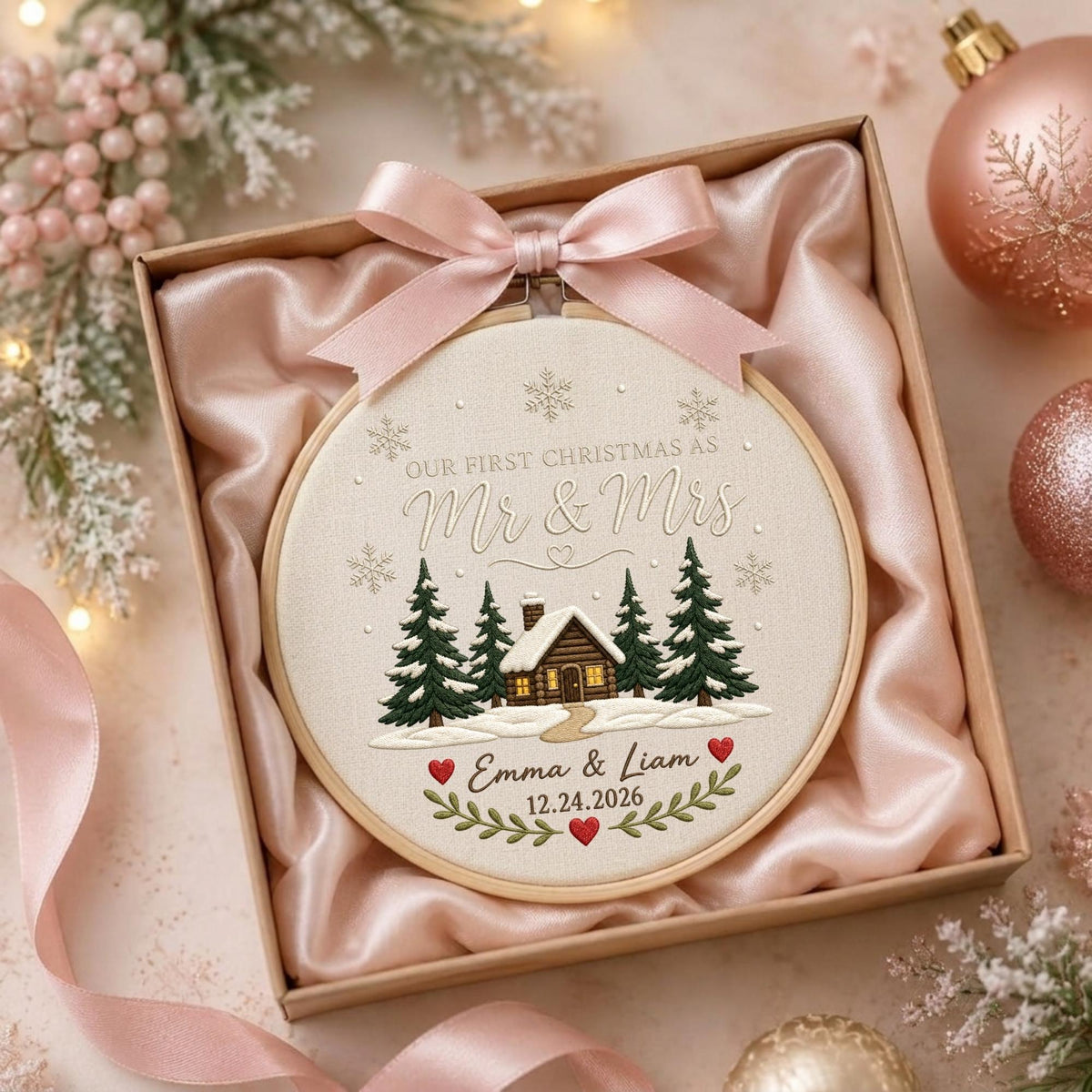 May include: A round wooden embroidery hoop featuring a cream fabric background with stitched text reading Our First Christmas as Mr &amp; Mrs, Emma &amp; Liam, and 12.24.2026. The design includes a cabin, pine trees, snowflakes, and red hearts.