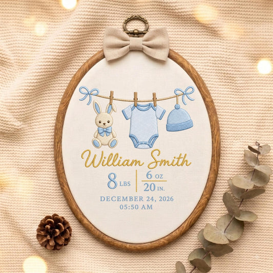 May include: An oval wooden embroidery hoop featuring a cream fabric background with a beige bow at the top. The embroidery depicts a clothesline with a bunny, a blue baby bodysuit, and a blue hat. Text reads William Smith, 8 lbs 6 oz, 20 in, December 24, 2026, 05:50 AM.