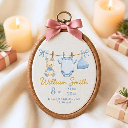May include: An oval wooden embroidery hoop frame containing a fabric insert with a printed design of a bunny, a baby onesie, and a hat on a clothesline. Text reads William Smith, 8 lbs 6 oz, 20 in., December 24, 2026, 05:50 AM. A pink satin bow is attached to the top.
