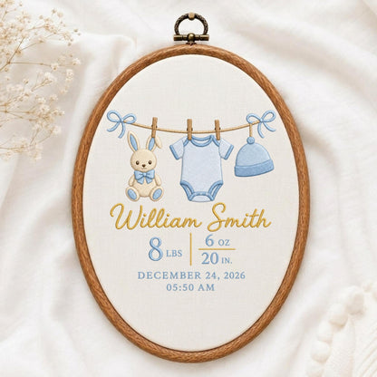 May include: An oval wooden embroidery hoop containing white fabric with a stitched design of a bunny, a baby bodysuit, and a hat on a clothesline. Text reads William Smith, 8 lbs 6 oz, 20 in, December 24, 2026, and 05:50 AM in blue and gold.