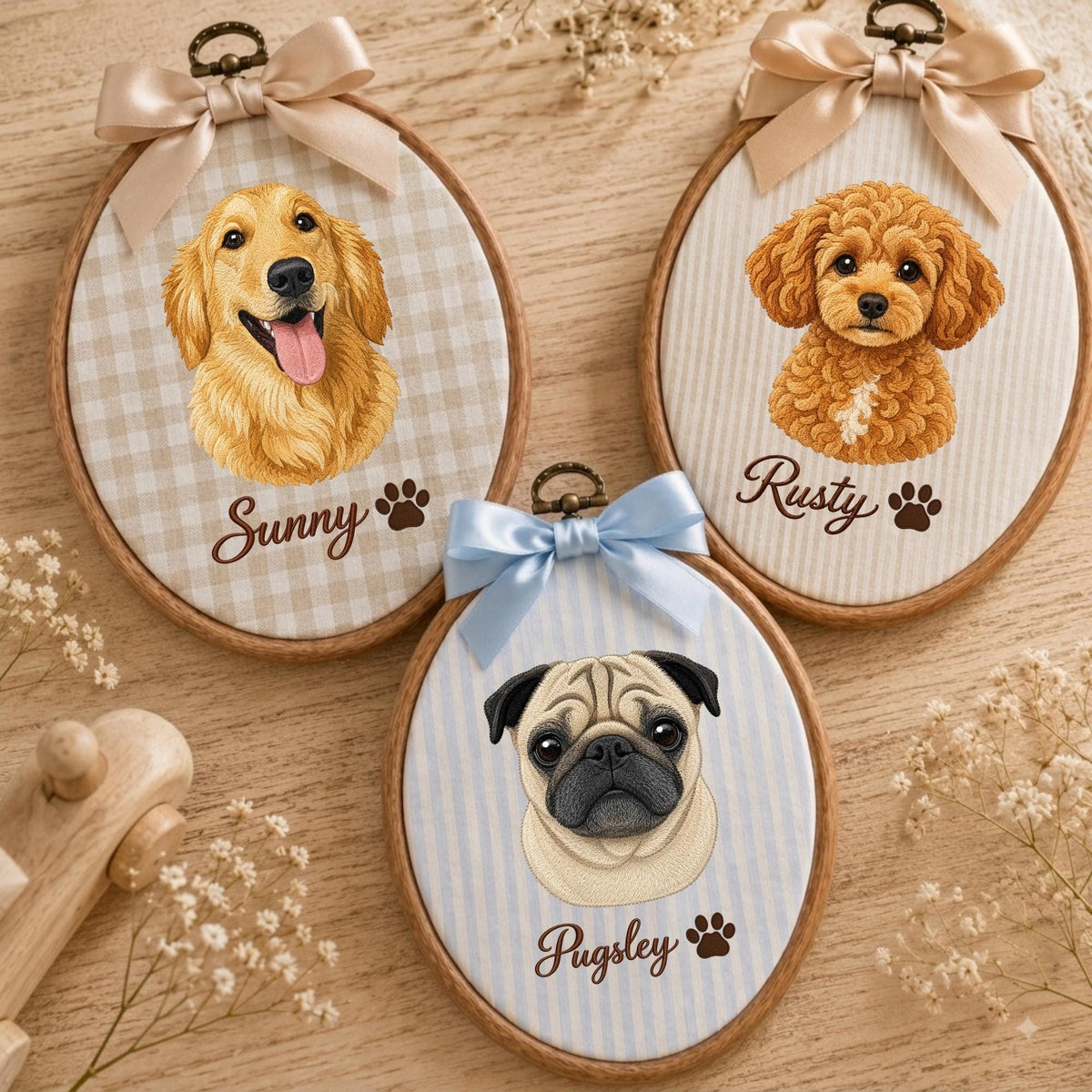 May include: Three oval wooden embroidery hoops featuring fabric portraits of dogs. One hoop has a golden retriever named Sunny, one a curly brown dog named Rusty, and one a pug named Pugsley. Each hoop is topped with a decorative satin ribbon bow.